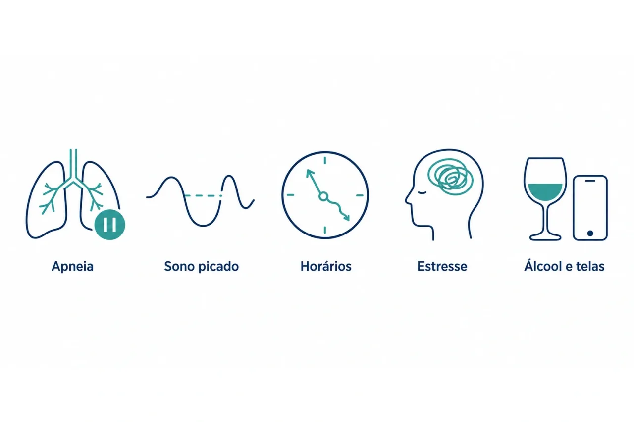 Infográfico com as principais causas de acordar cansado: apneia do sono, sono fragmentado, ritmo de horários bagunçado, estresse e hábitos noturnos