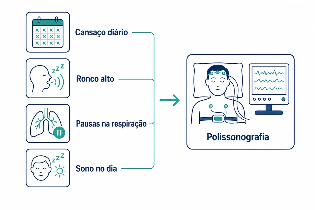 Infográfico mostrando quando investigar o sono: cansaço diário, ronco alto, pausas na respiração e sono excessivo no dia, com a polissonografia como exame