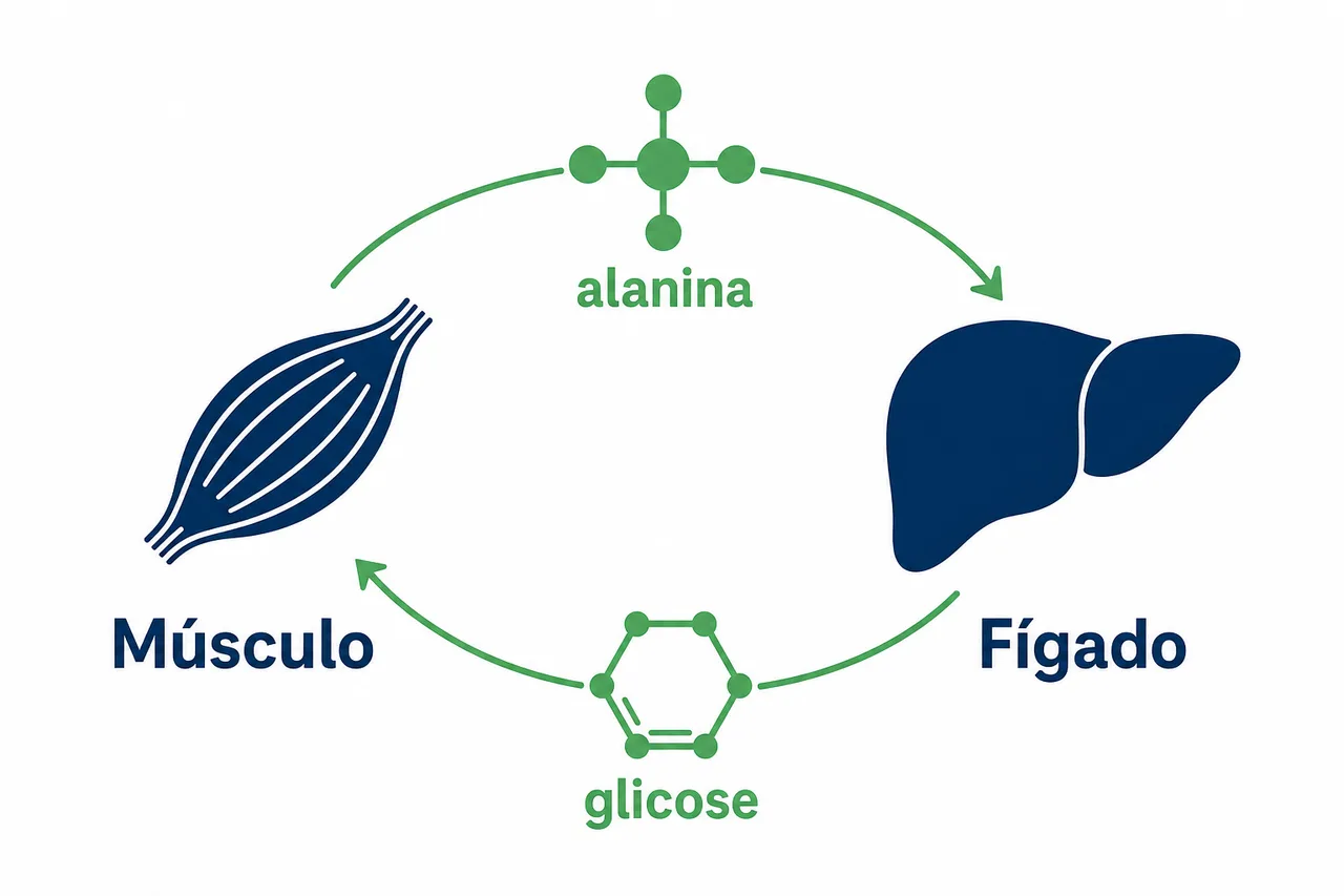 Infográfico do ciclo glicose-alanina: o músculo manda alanina para o fígado, que devolve glicose como energia