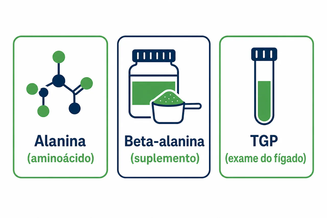 Ilustração comparando alanina (aminoácido da energia), beta-alanina (suplemento de treino) e TGP (enzima do exame de fígado)