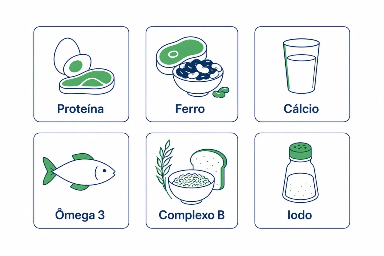 Ilustração dos principais grupos de nutrientes da amamentação e seus alimentos fonte