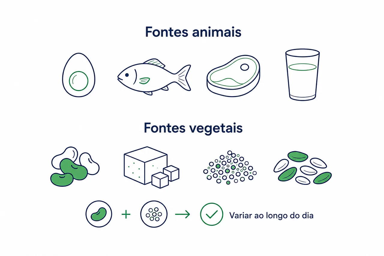 Ilustração de alimentos fonte de aminoácidos essenciais, como ovos, peixe, carne, feijão e sementes