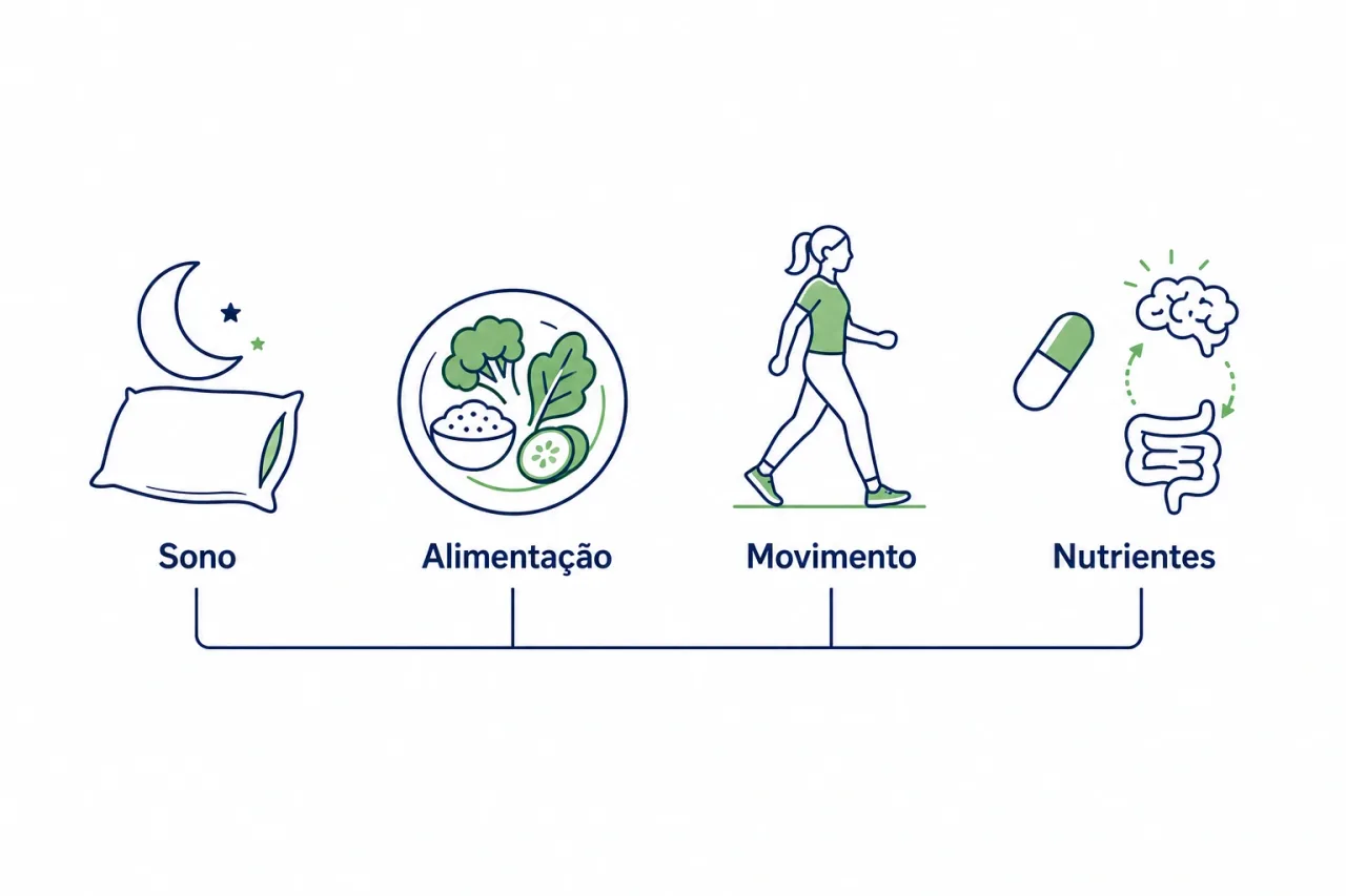 Infográfico simples mostrando quatro pilares para recuperar o equilíbrio na ansiedade leve: sono, alimentação, movimento e nutrientes