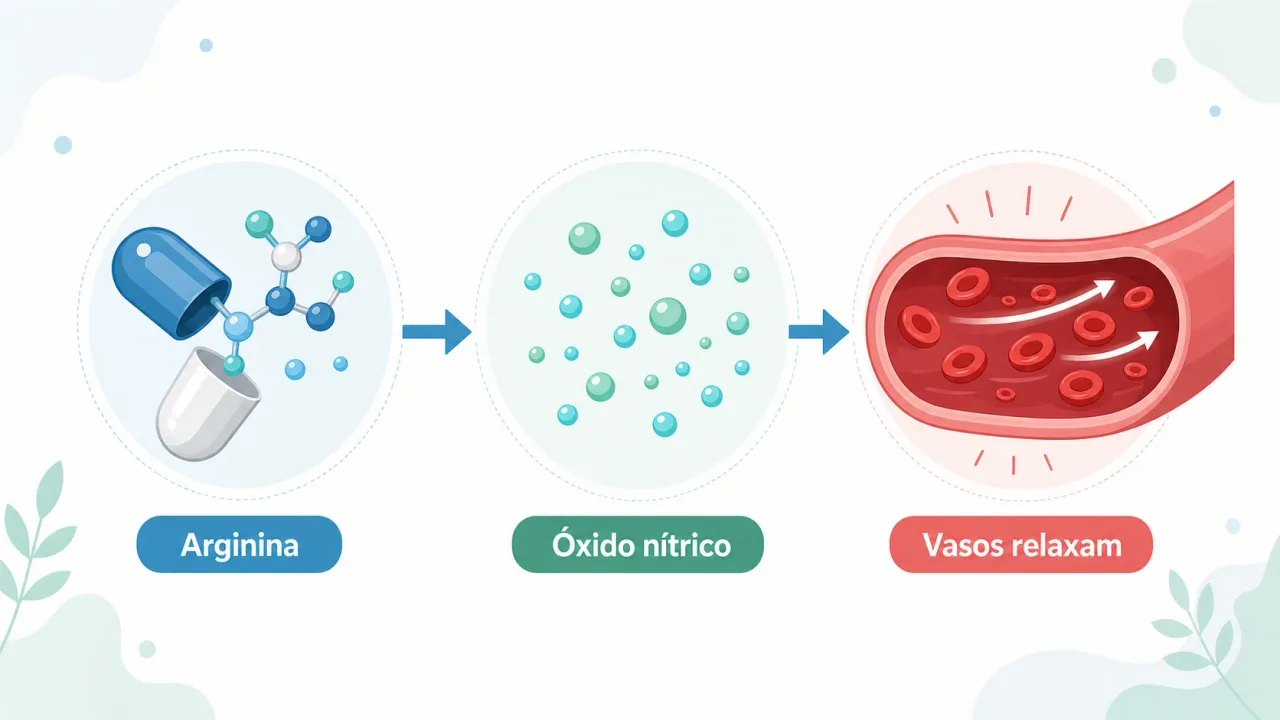 Infográfico mostrando que a arginina vira óxido nítrico, que relaxa a parede dos vasos e melhora o fluxo de sangue
