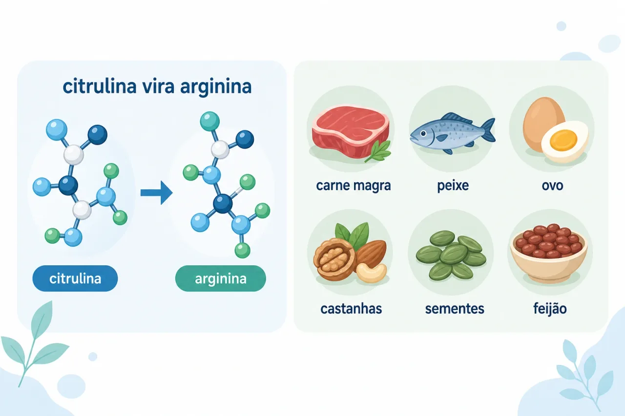 Ilustração comparando a arginina e a citrulina, com a citrulina virando arginina no corpo, lado a lado com fontes do aminoácido como carnes, ovos e oleaginosas