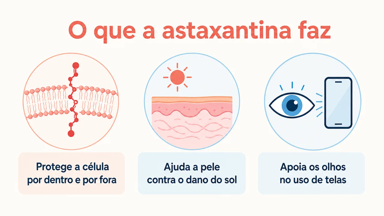 Infográfico explicando o que a astaxantina faz no corpo: protege a membrana das células, ajuda a pele contra o sol e apoia os olhos no uso de telas