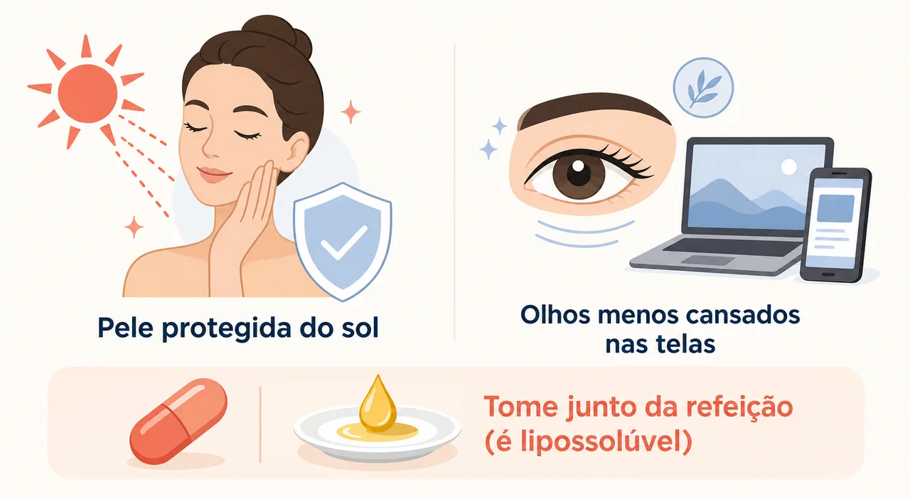 Ilustração mostrando duas frentes da astaxantina, a pele protegida do sol e os olhos descansados de quem usa telas, e uma observação de como tomar junto da refeição