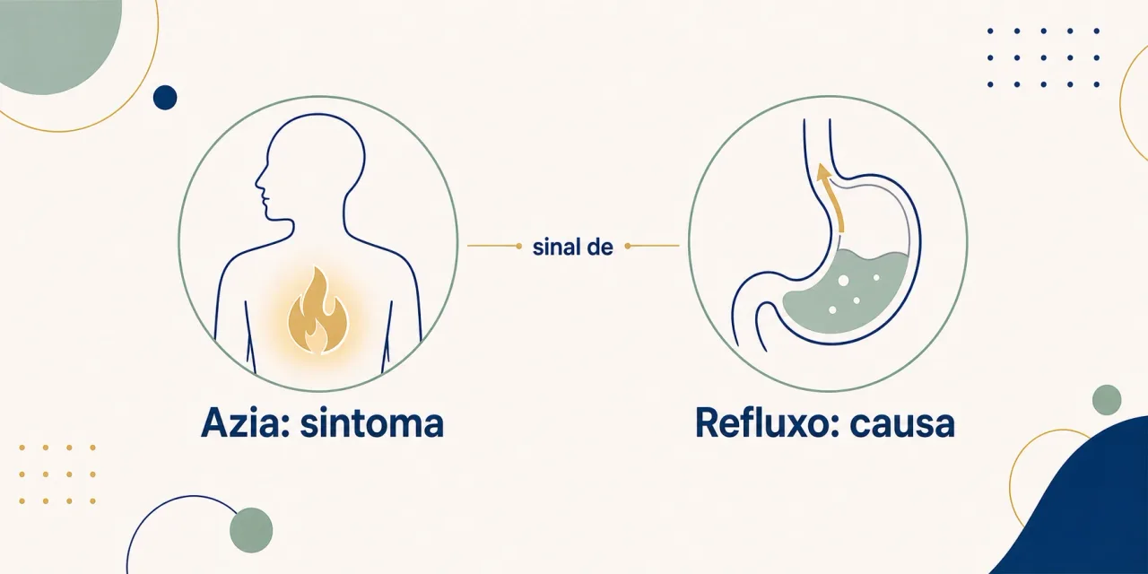 Comparação ilustrada entre azia como sintoma e refluxo como causa