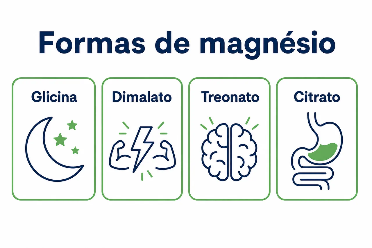 Infográfico leve comparando as formas de magnésio: glicina para calma e sono, dimalato para energia, treonato para cognição e citrato para o intestino