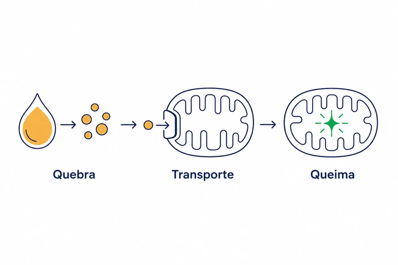 Infográfico mostrando em três etapas a beta-oxidação, a gordura sendo quebrada em ácidos graxos, transportada para dentro da mitocôndria e queimada para virar energia