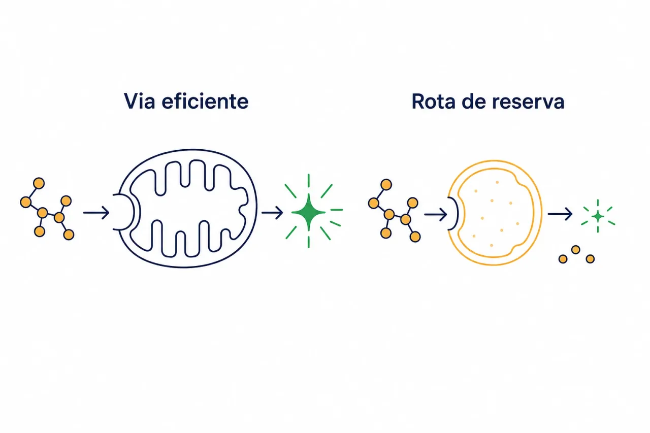 Infográfico comparando a beta-oxidação eficiente na mitocôndria com o desvio para o peroxissomo quando a via principal falha, gerando mais subprodutos