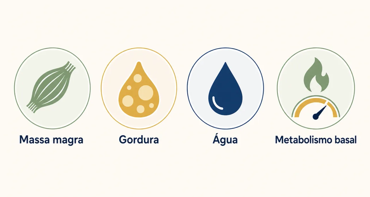 Infográfico mostrando os parâmetros da bioimpedância: gordura, massa magra, água e metabolismo basal