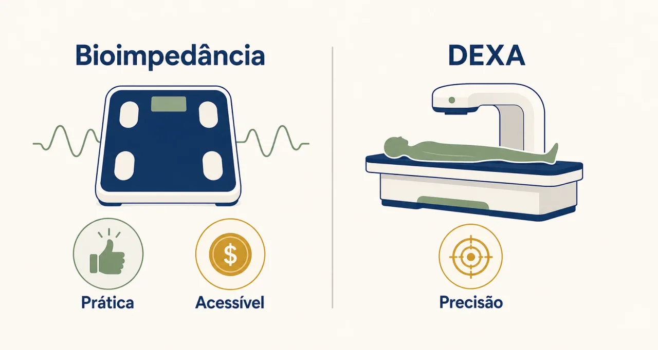 Infográfico comparando bioimpedância e DEXA: praticidade e custo de um lado, precisão do outro