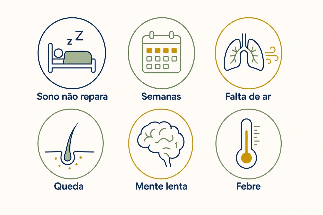 Lista visual dos principais sinais de alerta do cansaço excessivo que merecem investigação
