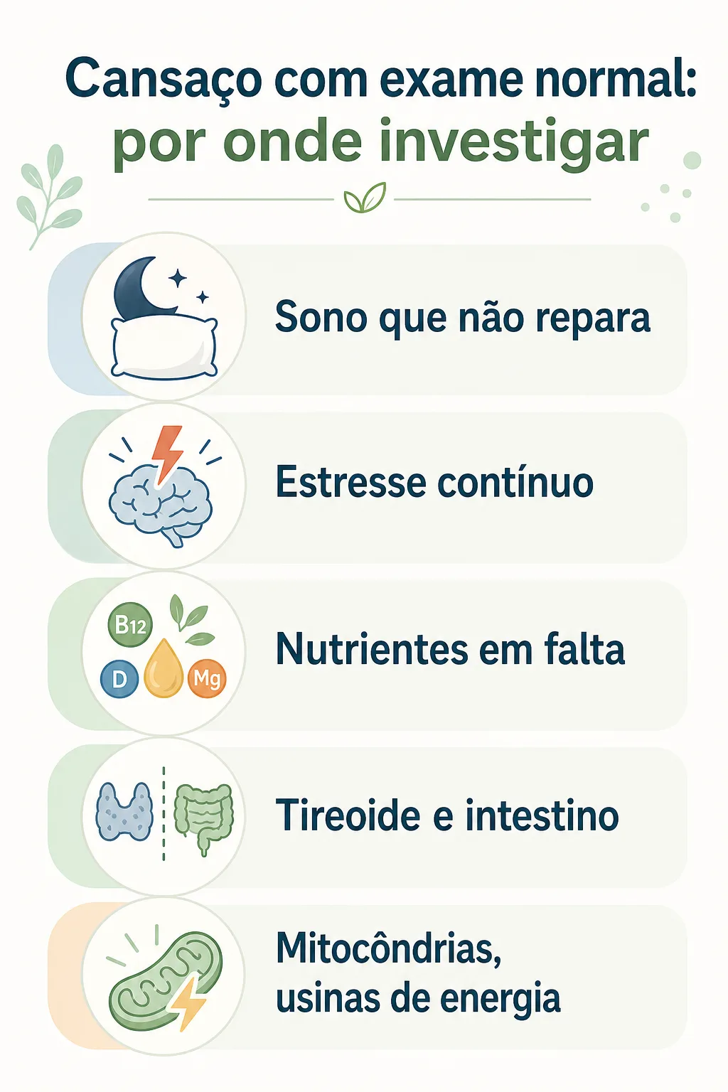 Infográfico explicando por onde investigar o cansaço com exame normal: sono, estresse, nutrientes, tireoide, intestino e mitocôndrias