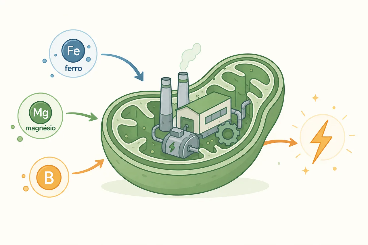 Ilustração da energia sendo produzida dentro da célula, na mitocôndria, com as peças que ela usa: ferro, magnésio e vitaminas do complexo B