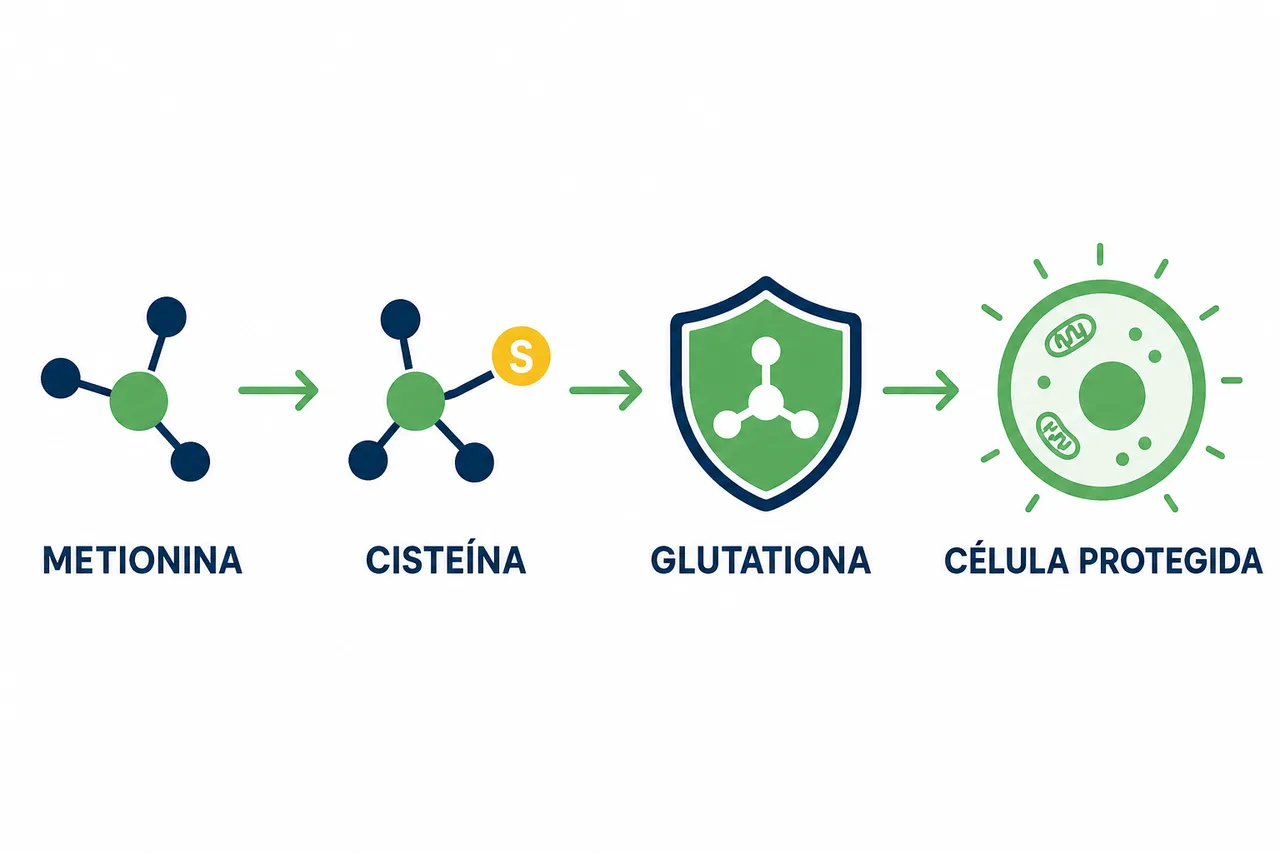 Infográfico da linha de montagem da cisteína: metionina vira cisteína, que vira glutationa e protege a célula