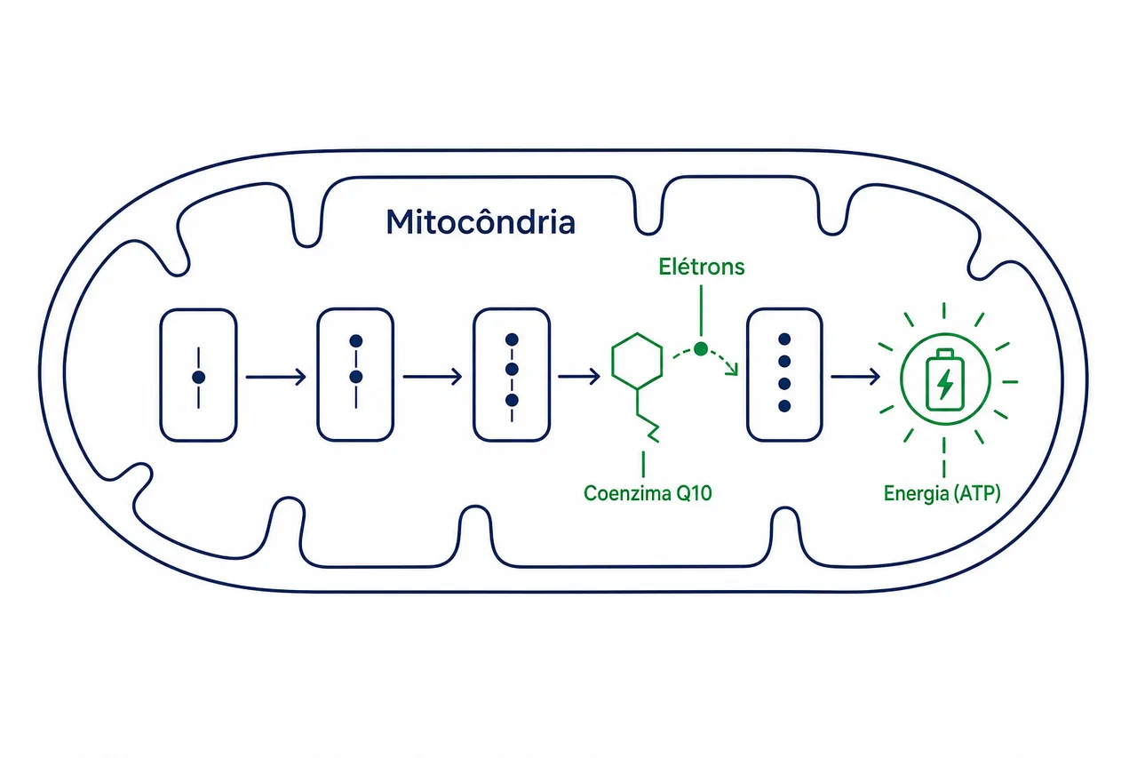 Ilustração da coenzima Q10 dentro da mitocôndria, transportando elétrons na linha de produção de energia