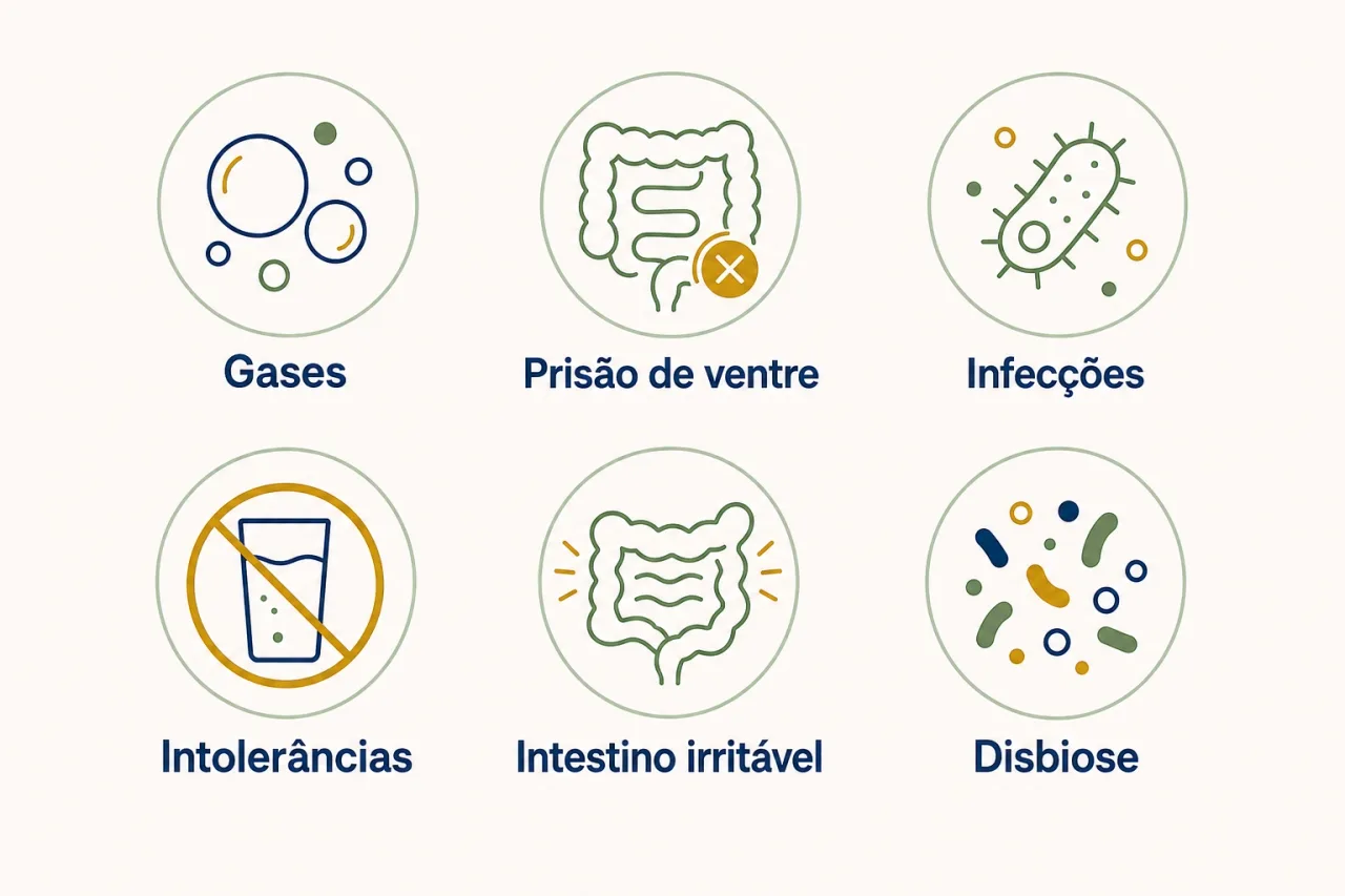 Infográfico mostrando as principais causas de cólica abdominal: gases e prisão de ventre, infecções, intolerâncias alimentares, síndrome do intestino irritável, disbiose e cólica menstrual