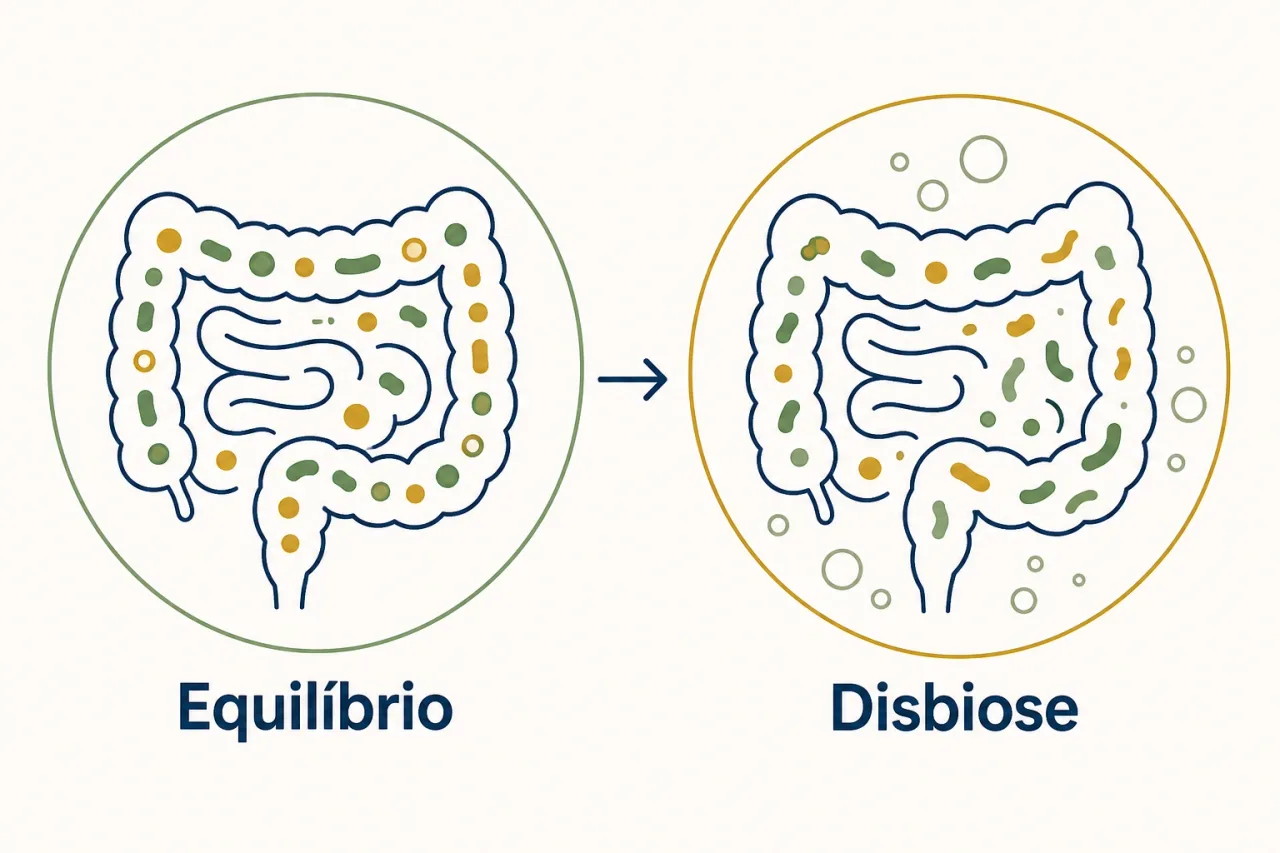 Infográfico comparando microbiota em equilíbrio e disbiose, mostrando como o desequilíbrio aumenta gases, distensão e cólica