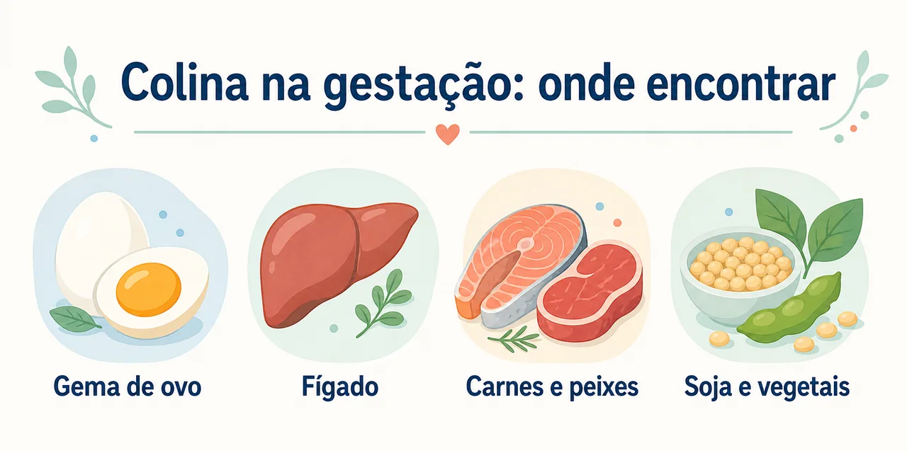 Infográfico mostrando onde encontrar colina na gestação, com gema de ovo, fígado, carnes, peixes e alguns vegetais