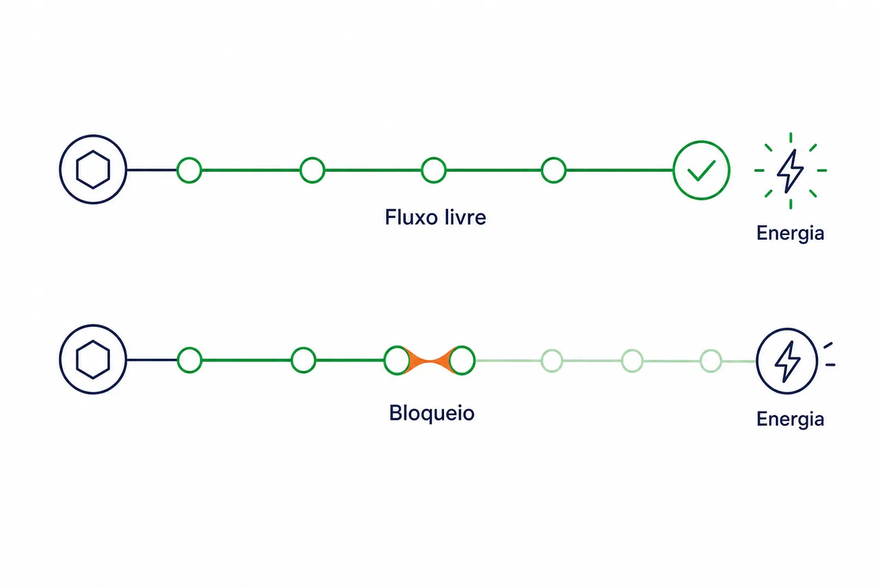 Ilustração comparando uma via metabólica fluindo em verde e uma com ponto de bloqueio em âmbar