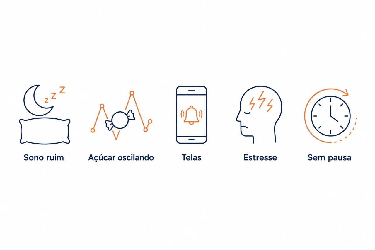Infográfico com os cinco principais ladrões de foco no dia a dia: sono, açúcar, telas, estresse e falta de pausa