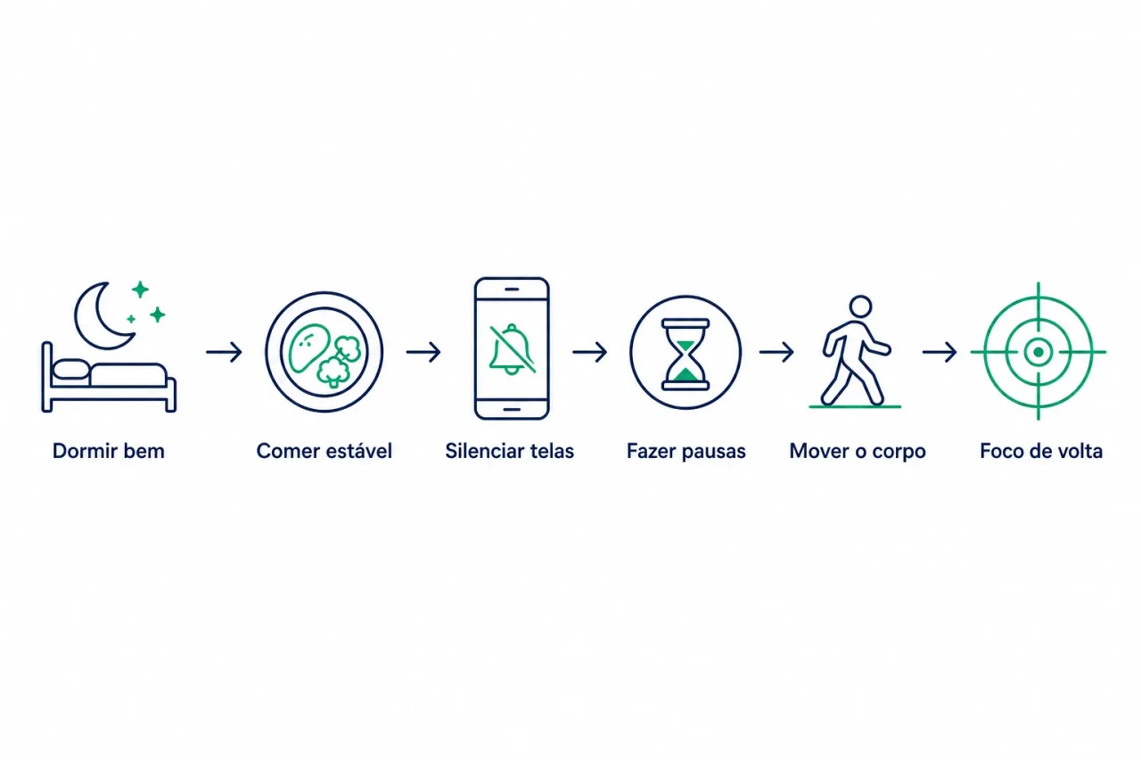 Infográfico mostrando um ciclo simples: dormir bem, comer estável, silenciar telas, fazer pausas e mover o corpo, levando ao foco recuperado