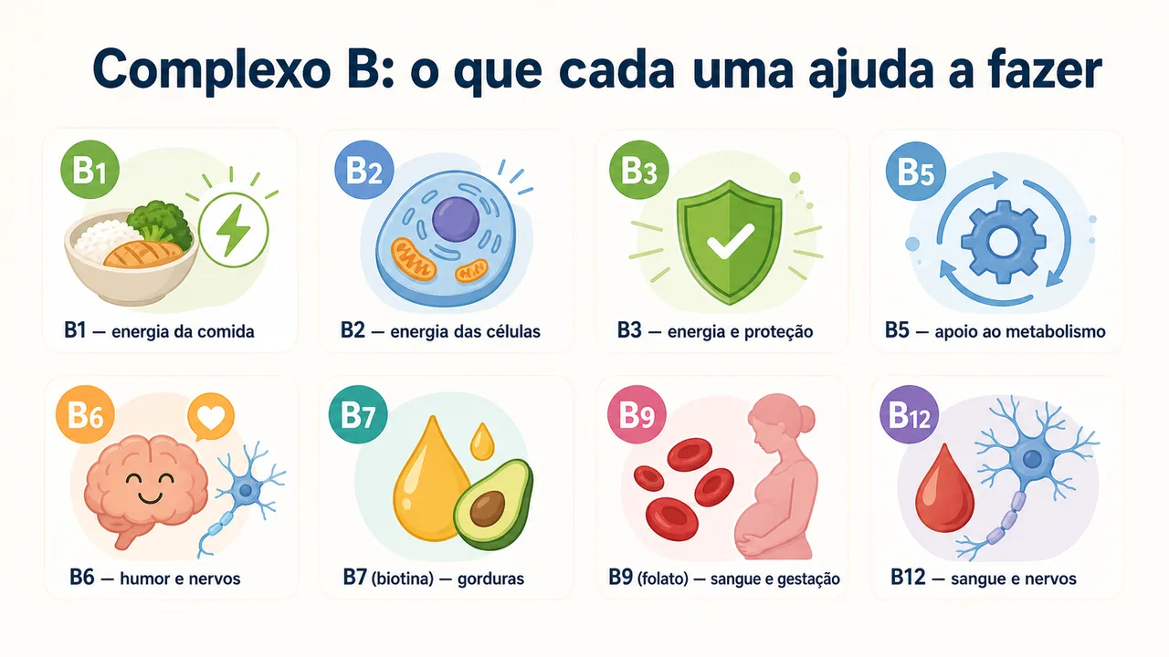 Infográfico leve mostrando as oito vitaminas do complexo B e o que cada uma ajuda a fazer no corpo, da energia ao cérebro