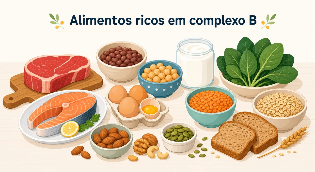 Ilustração leve de alimentos ricos em complexo B, como carnes, ovos, folhas verdes, feijão e castanhas, dispostos sobre uma bancada clara