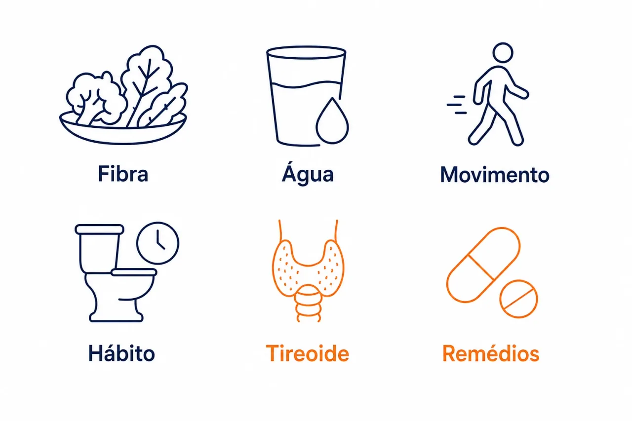 Infográfico de causas comuns da constipação intestinal: fibra, água, movimento, hábito, tireoide e remédios, com ícones simples