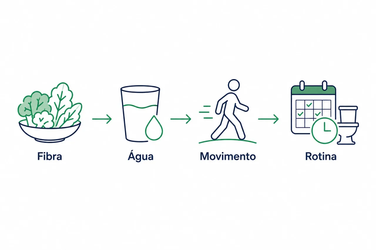 Infográfico do tratamento da constipação em quatro pilares: fibra, água, movimento e hábito, em verde de equilíbrio