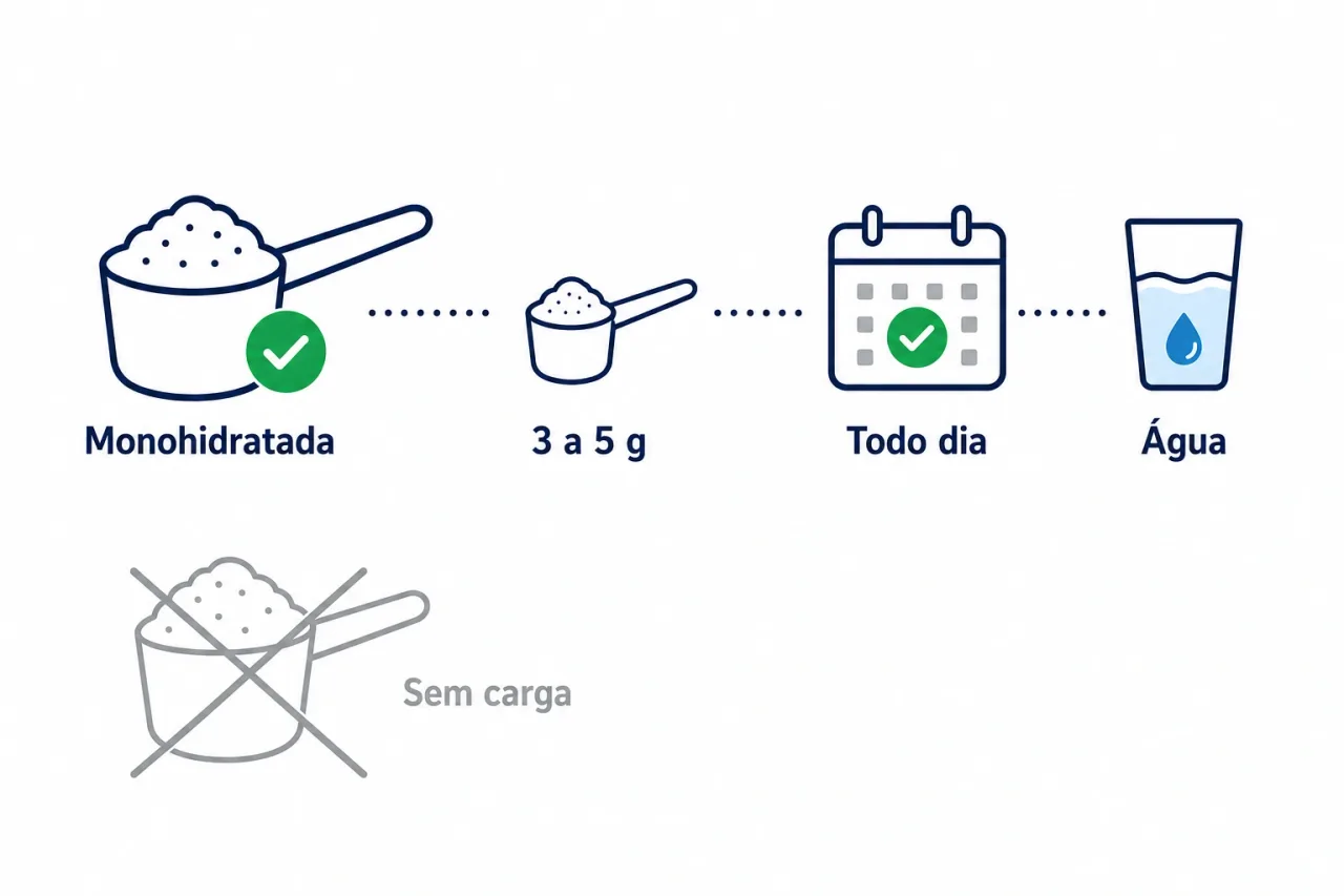 Infográfico comparando a creatina monohidratada como padrão-ouro e mostrando o esquema simples de tomar de três a cinco gramas por dia sem fase de saturação