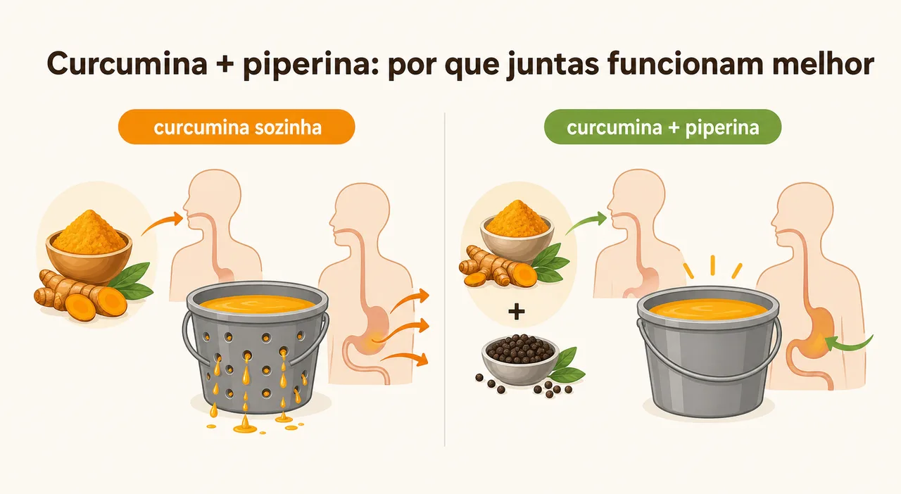 Infográfico explicando por que curcumina e piperina funcionam melhor juntas: a curcumina é mal absorvida e eliminada rápido, e a piperina segura essa eliminação para o corpo aproveitar mais