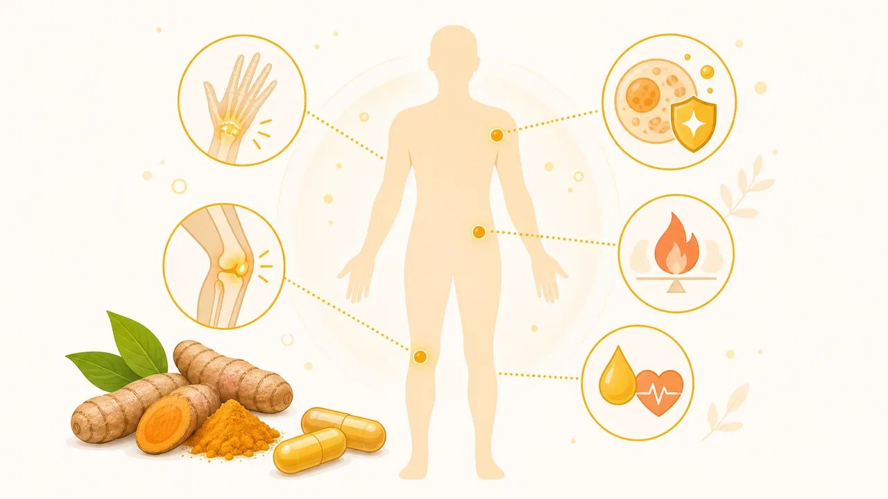 Ilustração leve dos benefícios da curcumina no corpo, com ícones de articulações, células protegidas e equilíbrio da inflamação