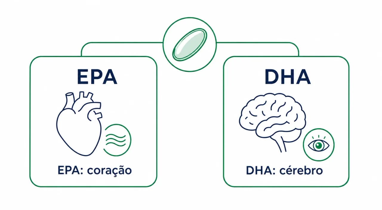 Infográfico comparando EPA e DHA, mostrando que o EPA atua mais na inflamação e no coração e o DHA mais na estrutura do cérebro e da retina
