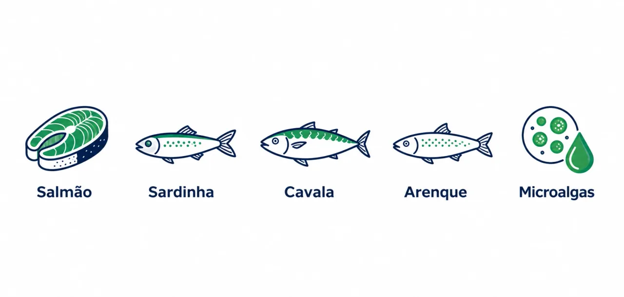 Infográfico mostrando as fontes de DHA: salmão, sardinha, cavala, arenque e óleo de microalgas como opção vegetal