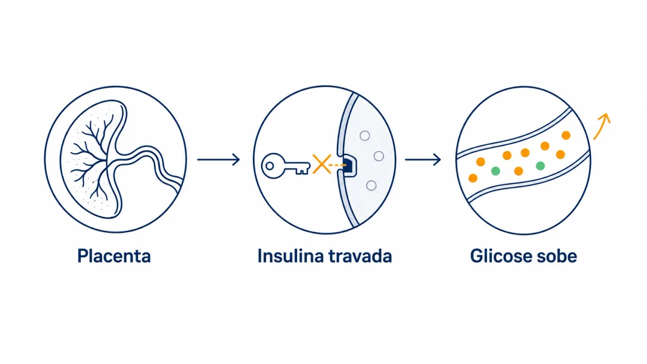 Infográfico mostrando que a placenta produz hormônios que dificultam a ação da insulina e elevam a glicose no sangue durante a gravidez