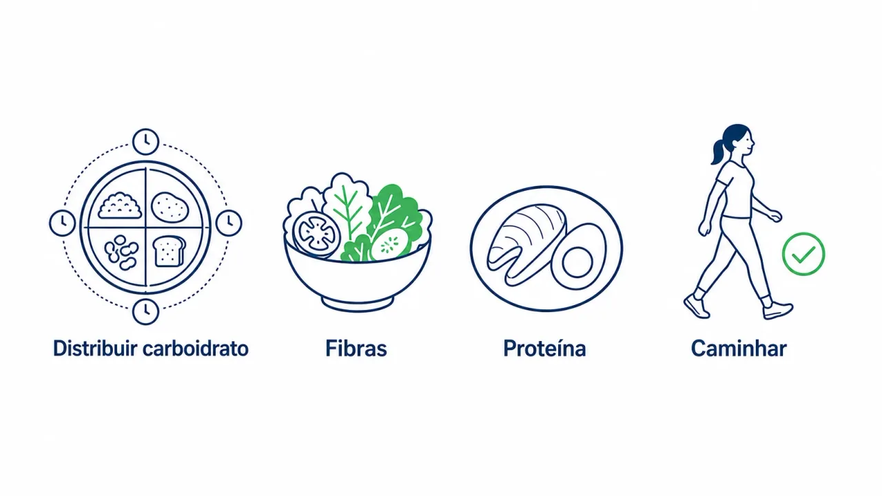 Infográfico com os pilares do cuidado na diabetes gestacional: distribuir carboidratos, comer fibras, garantir proteína e caminhar após as refeições