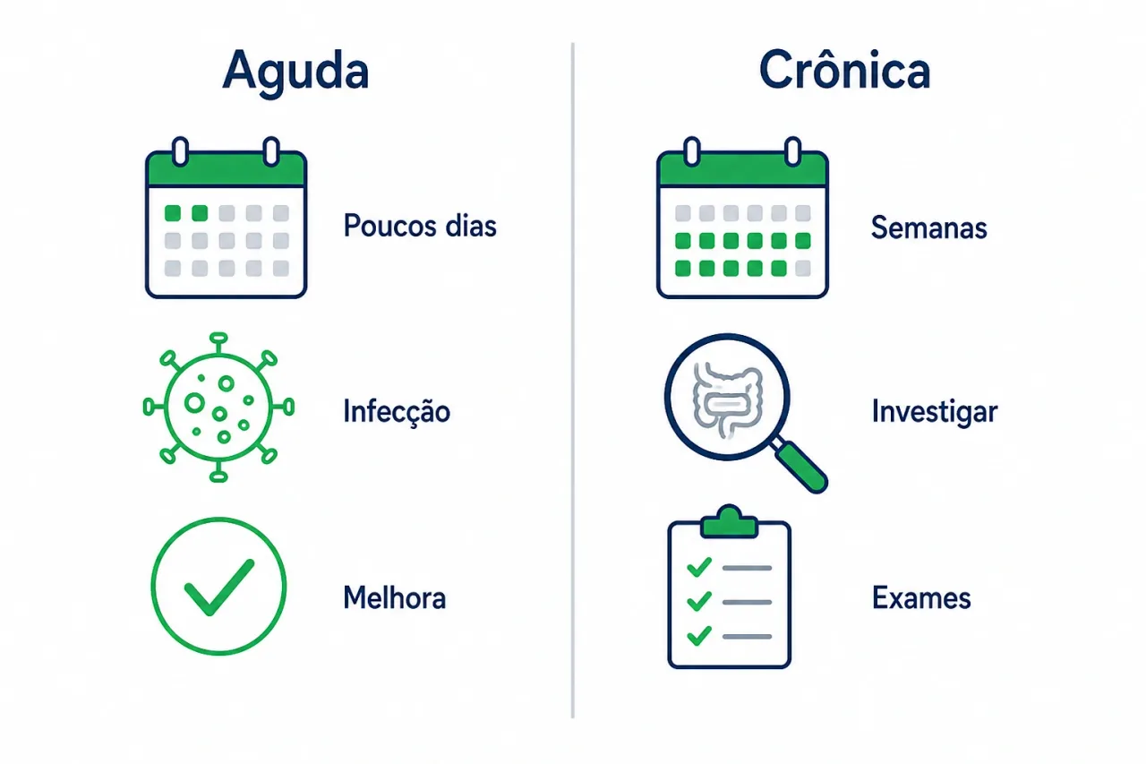 Infográfico comparando diarreia aguda e crônica, com duração, causas mais comuns e conduta de cada uma