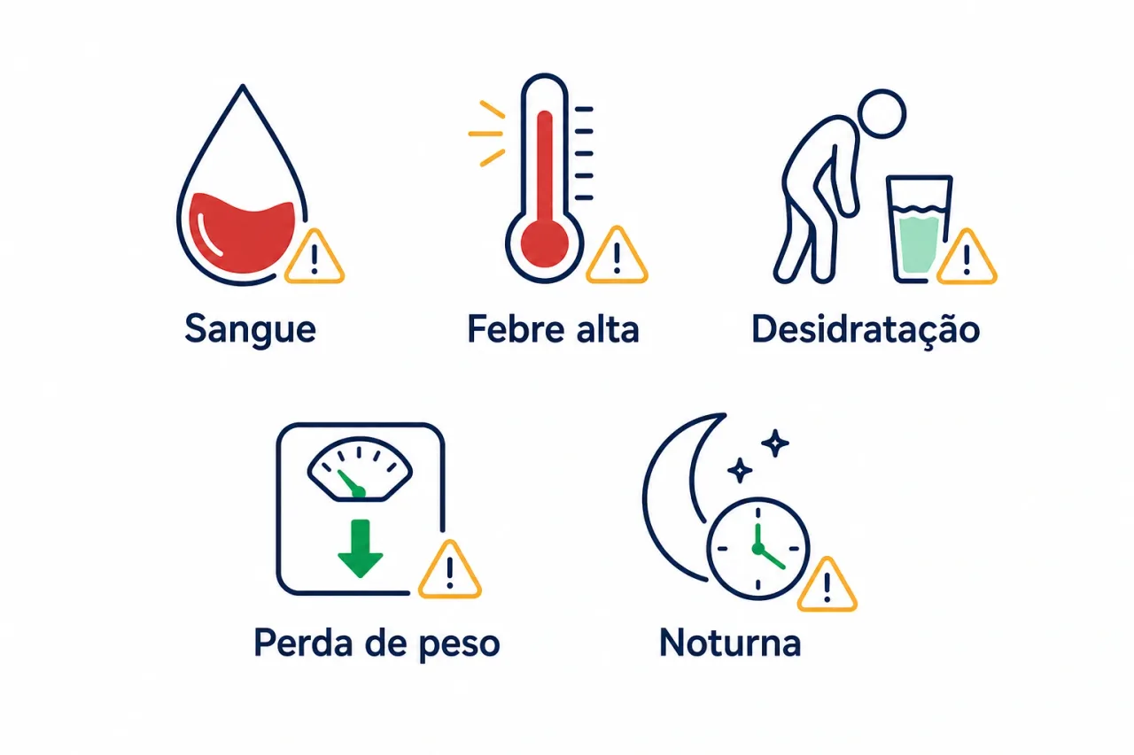 Infográfico com sinais de alerta da diarreia, como sangue nas fezes, febre alta, desidratação e perda de peso