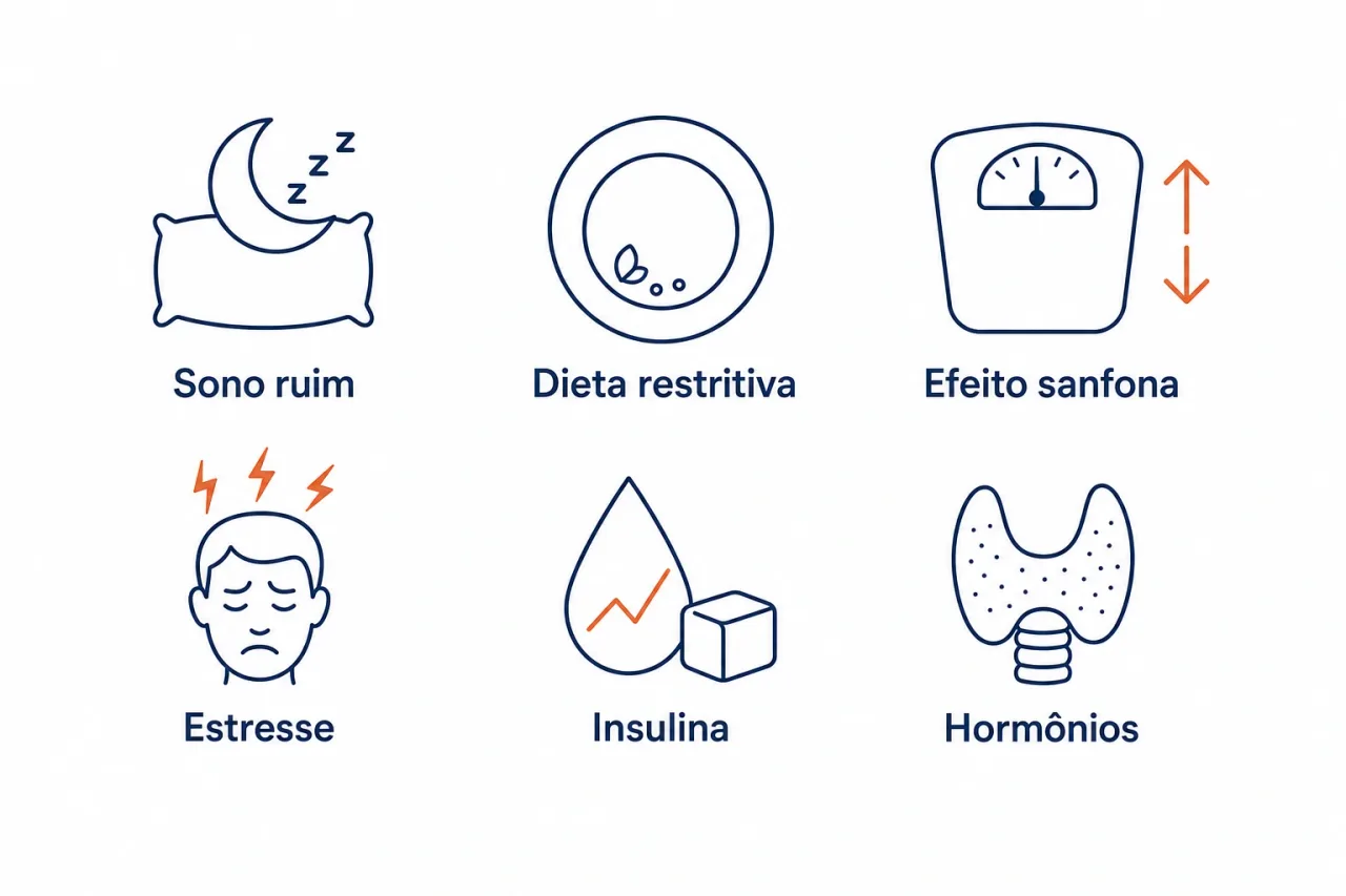 Infográfico das causas mais comuns de dificuldade para emagrecer: sono ruim, dieta muito restritiva, efeito sanfona, estresse, resistência à insulina e hormônios