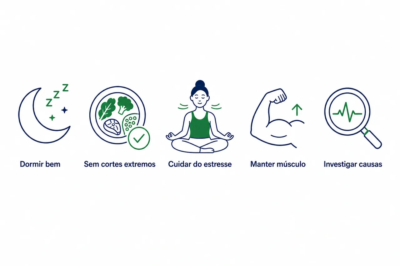 Infográfico com o que fazer diante da dificuldade para emagrecer: dormir bem, evitar cortes extremos, cuidar do estresse, manter músculo e investigar hormônios