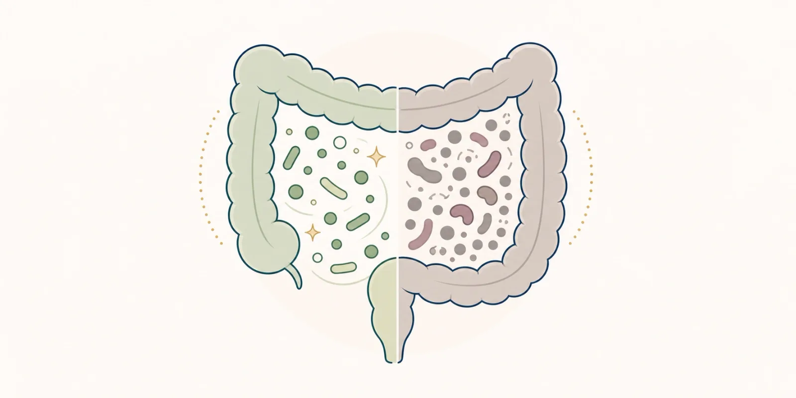 Ilustração do intestino com microbiota equilibrada e desequilibrada lado a lado