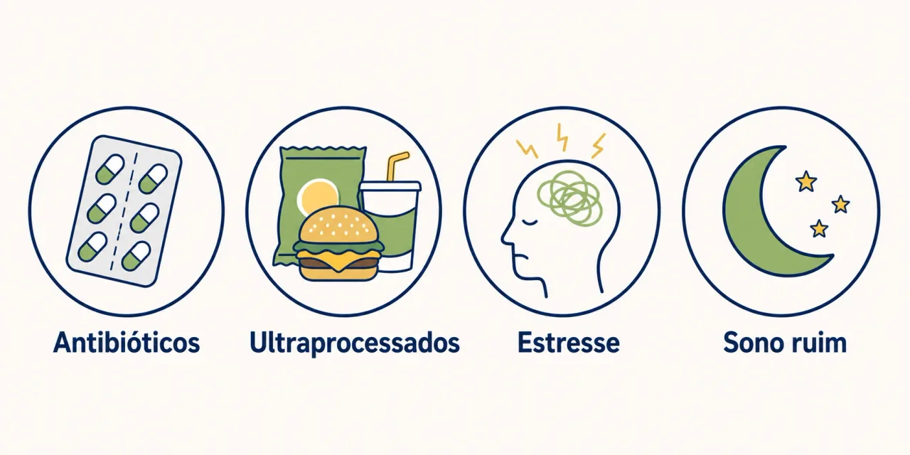 Ilustração dos principais fatores que desequilibram a microbiota intestinal