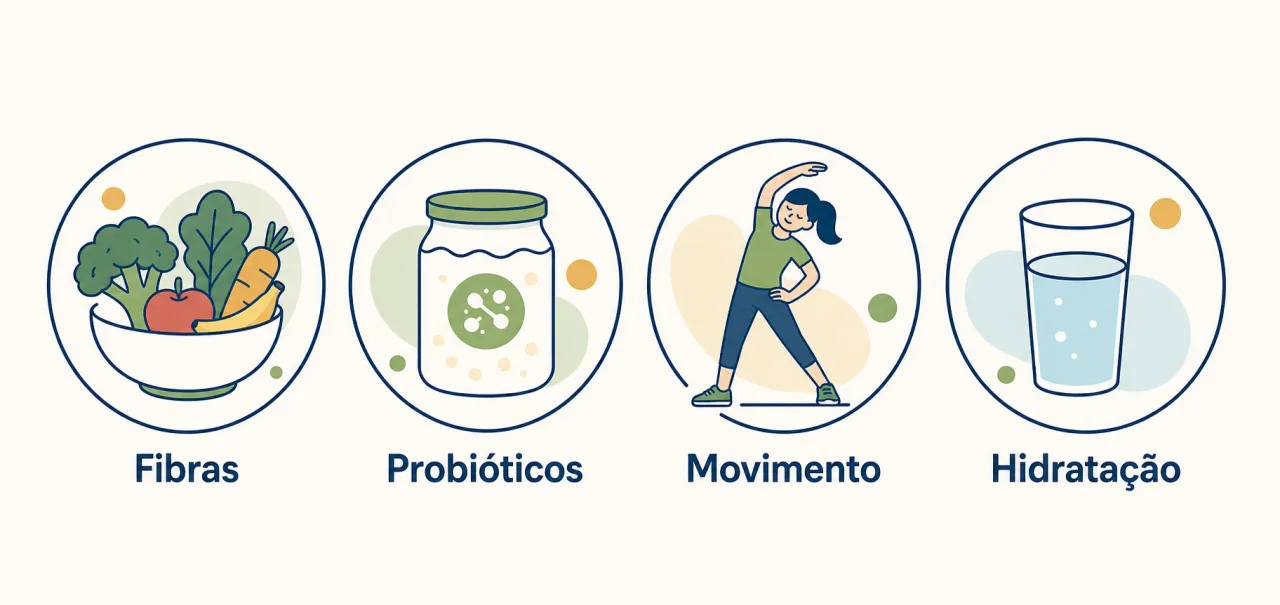 Ilustração dos pilares para recuperar o equilíbrio da microbiota intestinal