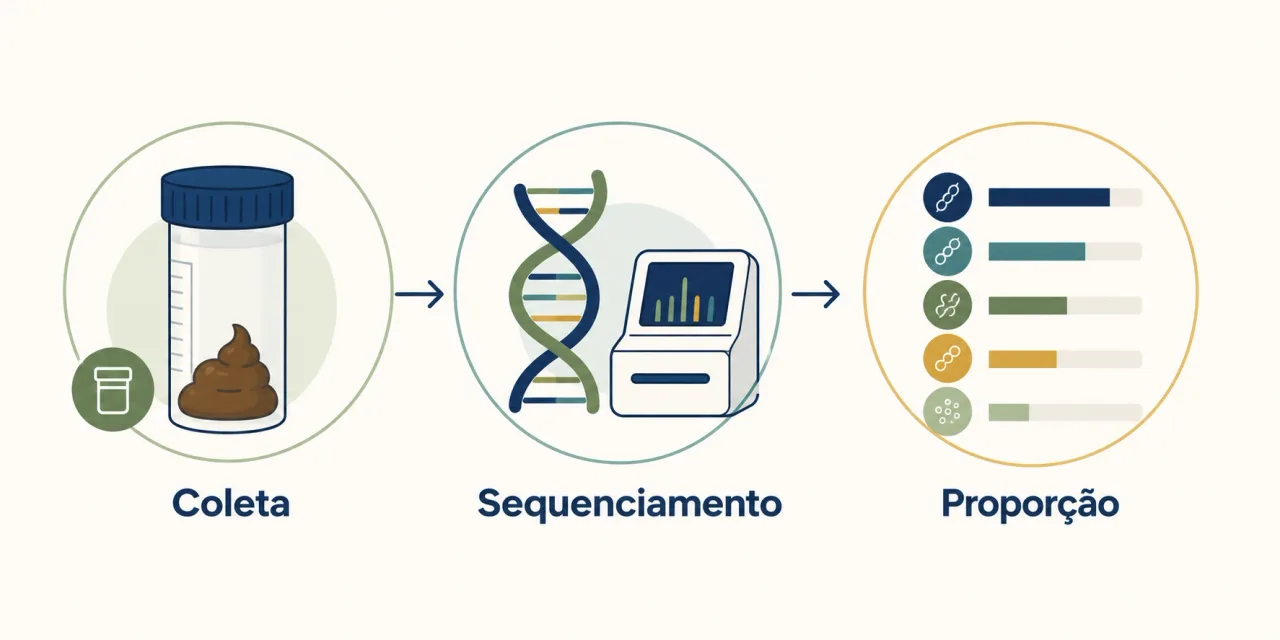 Infográfico mostrando como o exame de fezes lê o DNA das bactérias por sequenciamento, com etapas de coleta, leitura e proporção de microrganismos, em tons de azul-petróleo e verde