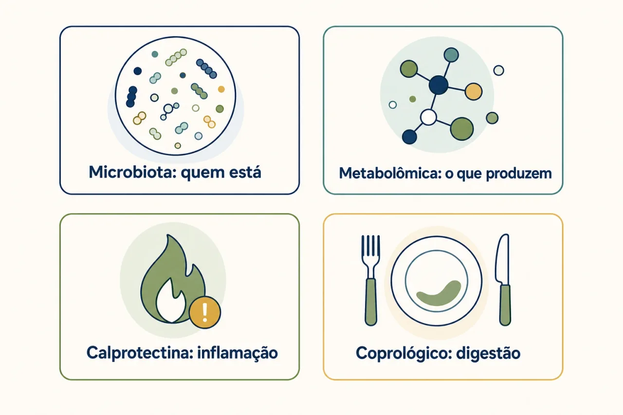 Infográfico comparando o que cada exame mostra: microbiota revela quem está, metabolômica revela o que produzem, calprotectina sinaliza inflamação e coprológico avalia digestão, em tons de verde-menta e dourado