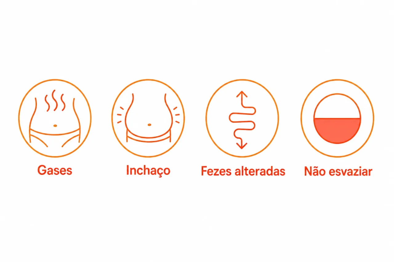 Infográfico com os sinais digestivos da disbiose intestinal, gases, inchaço, mudança nas fezes e sensação de não esvaziar, em tons de âmbar e coral