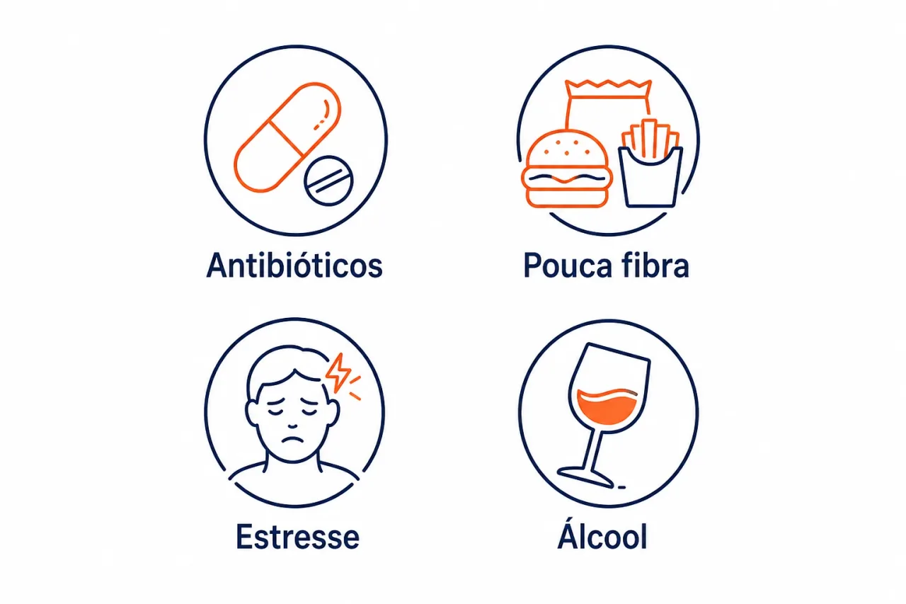 Infográfico com os gatilhos da disbiose intestinal, antibióticos, alimentação pobre em fibras, estresse e álcool, em tons de âmbar e azul-marinho